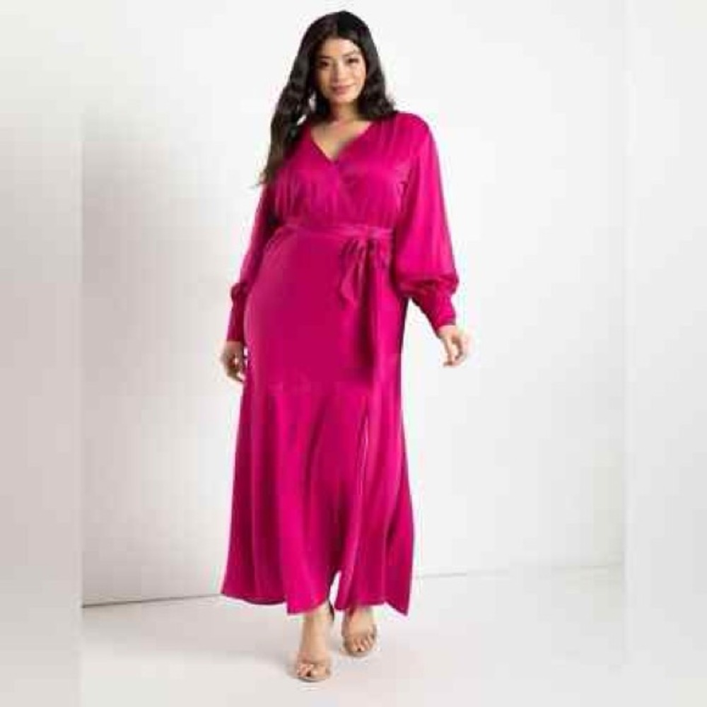 Eloquii Satin Long Sleeve Tie Waist Maxi Dress in Magenta
